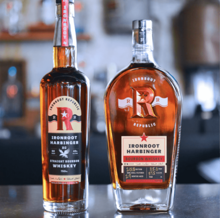 Two bottles of whiskey from Ironroot Distillery in Denison, TX