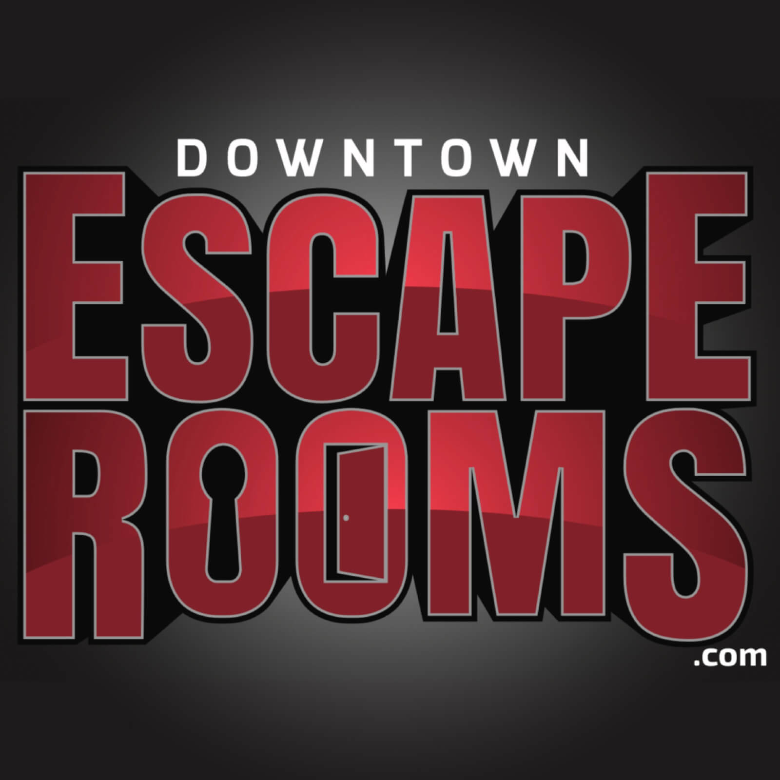 Downtown Escape Rooms logo with bold red lettering on a dark background, featuring a door icon inside the letter ‘O’ and the text ‘Downtown Escape Rooms .com.