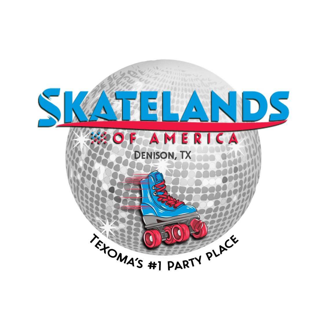 Skatelands of America logo on a white background, featuring a disco ball with a single blue and red skate. The text reads 'Skatelands of America' across the top and 'Texoma's #1 Party Place' across the bottom.